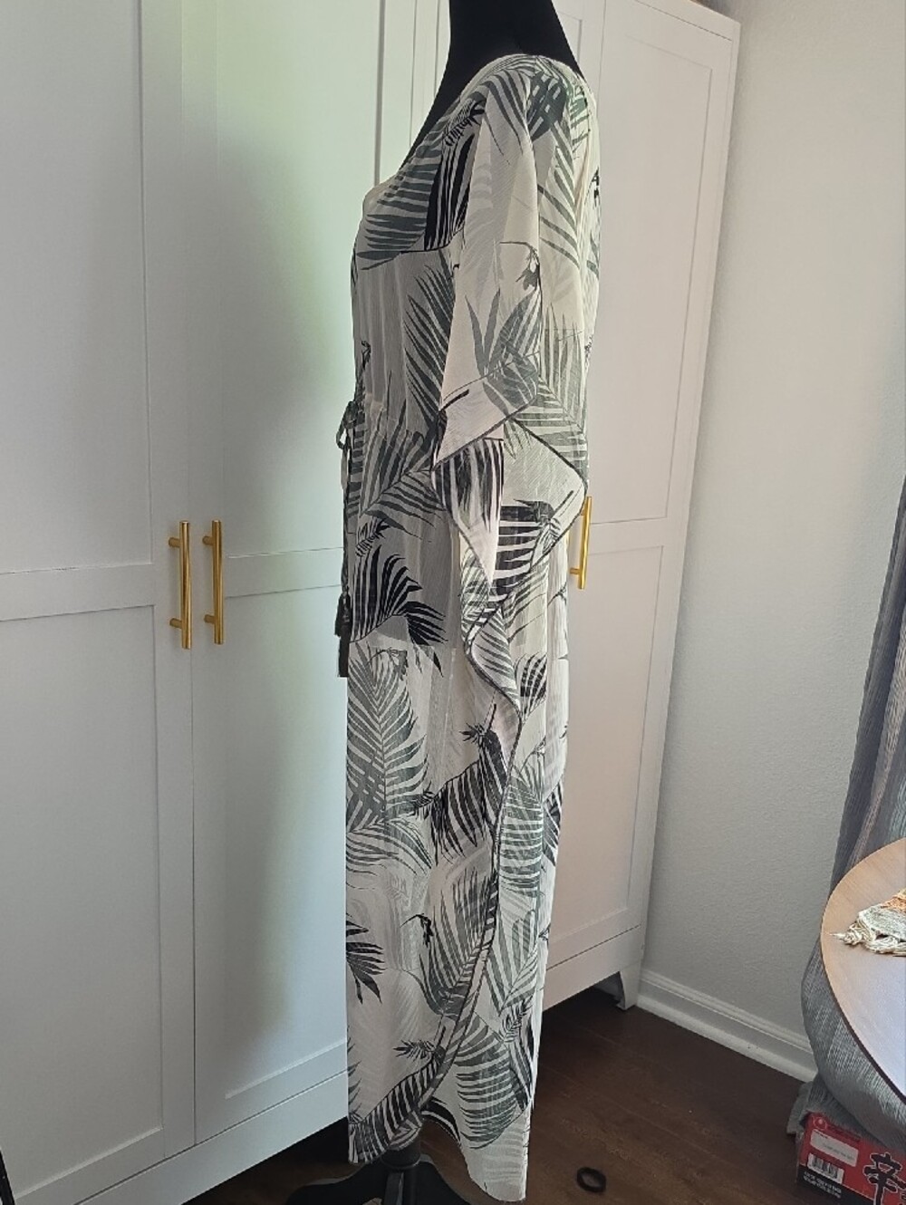 Kona Sol White & Green Kaftan with Green Palm Print Coverup - Picture 2 of 9